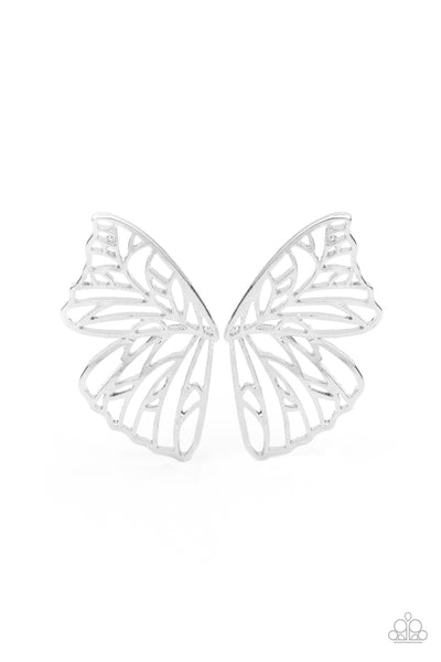 Butterfly Frills - Silver Paparazzi Earrings