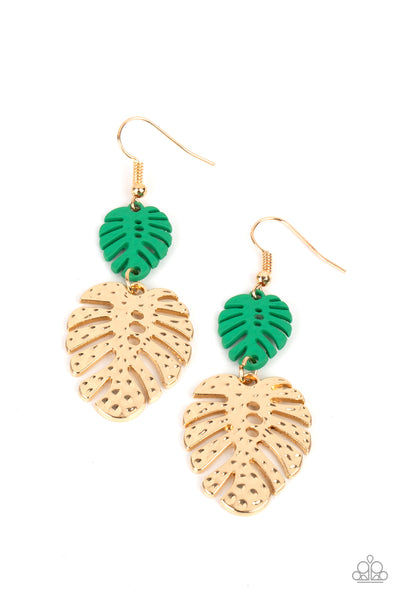 Palm Tree Cabana - Green and Gold Paparazzi Earrings