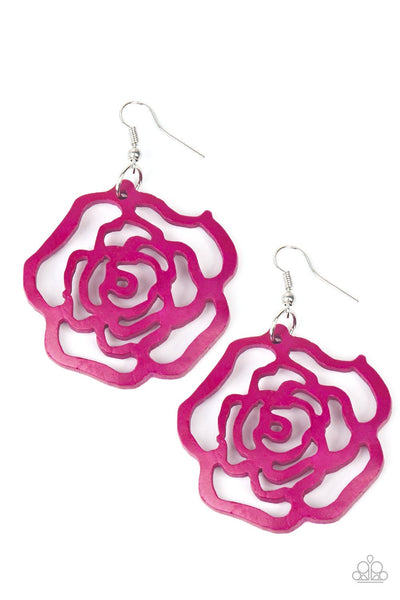 Island Rose Pink Paparazzi Wood Flower Earrings